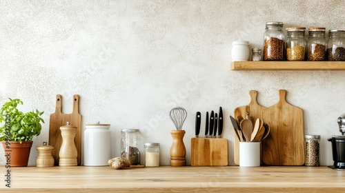 A neatly arranged kitchen island with cooking tools and ample blank space for copy.