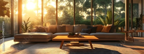 Spacious and airy contemporary living area with large windows sectional sofa and mid century inspired wooden coffee table  Natural textures and materials create a warm organic ambiance photo