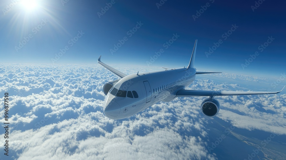 Obraz premium A passenger airplane in mid-flight with a smooth, blue sky providing room for copy.