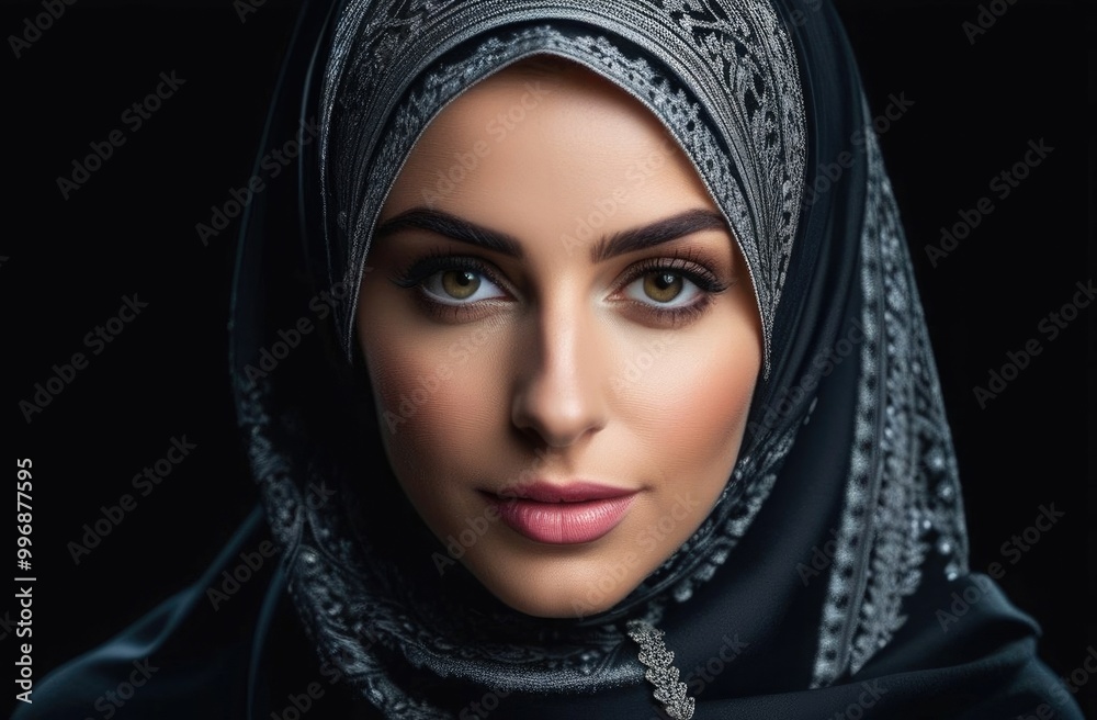 Beautiful woman in a black hijab decorated with silver rhinestones. Beauty sphere concept. Beautiful woman in a black hijab decorated with silver rhinestones. Beauty sphere concept.