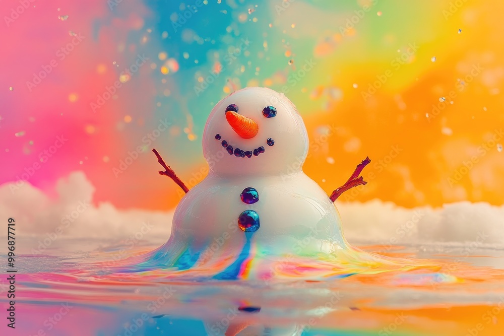 Obraz premium A Smiling Snowman Melting into a Colorful Abstract Pool