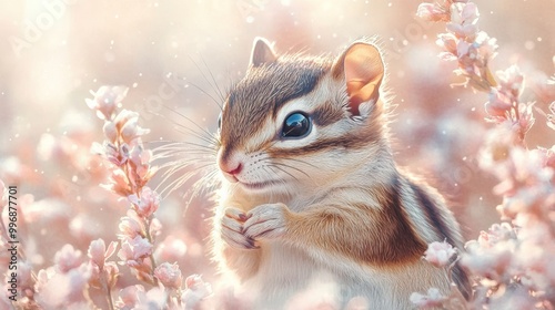 An illustration of a baby chipmunk with playful expression, surrounded by leaves and flowers