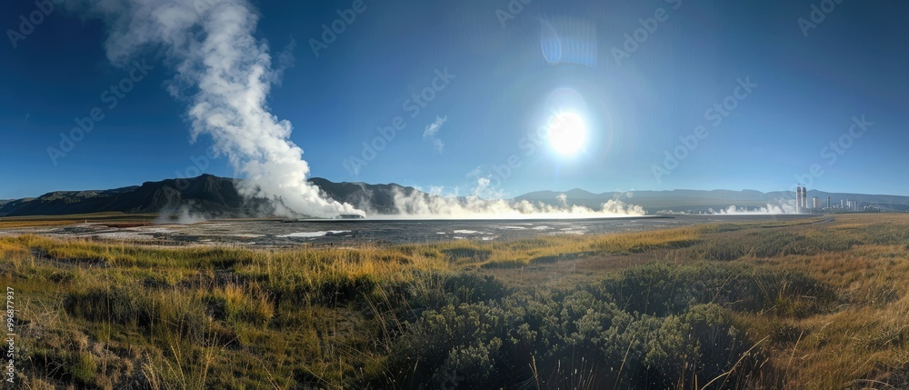 Fototapeta premium Geothermal Energy Plant with Steam Vents Under Sunlight