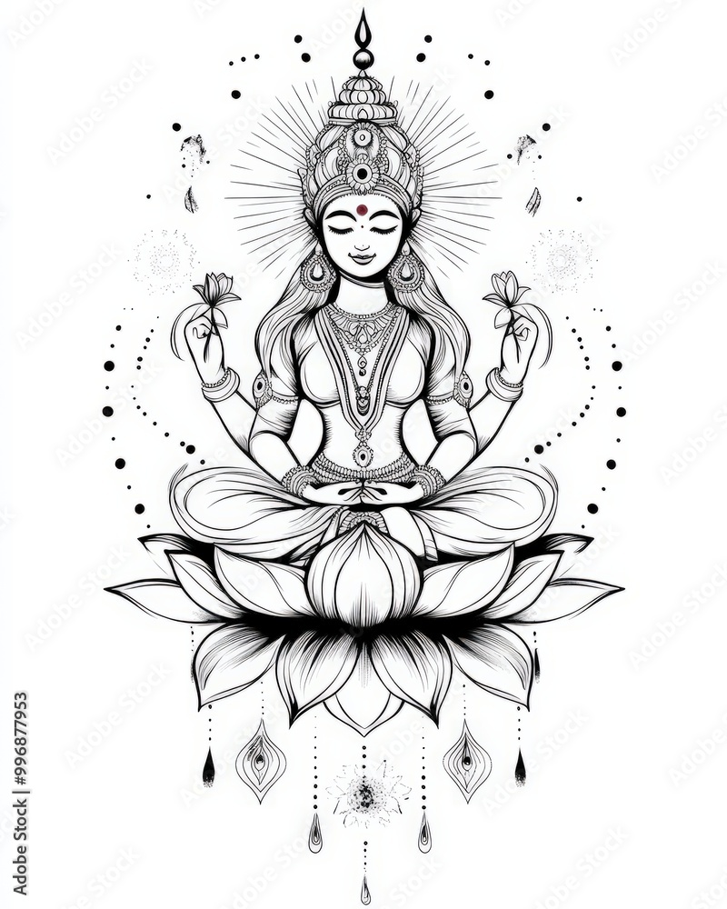A minimalist tattoo design of Lakshmi seated on a lotus flower, with delicate line work and subtle detailing, featuring flowing robes and lotus petals, symbolizing divine prosperity and grace A minimalist tattoo design of Lakshmi seated on a lotus flower, with delicate line work and subtle detailing, featuring flowing robes and lotus petals, symbolizing divine prosperity and grace