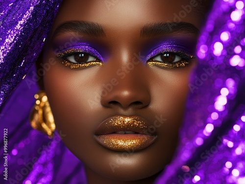 Close-up shot of a model's face in a luxury fashion photoshoot, wearing bold makeup in Purple Basil tones