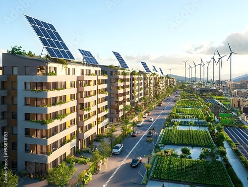 Renewable Energy Projects Fueling Urban Revitalization and Community Empowerment Showcasing Gleaming Solar Arrays Towering Wind Turbines and Thriving Electric Mobility with Vibrant Urban Farms and