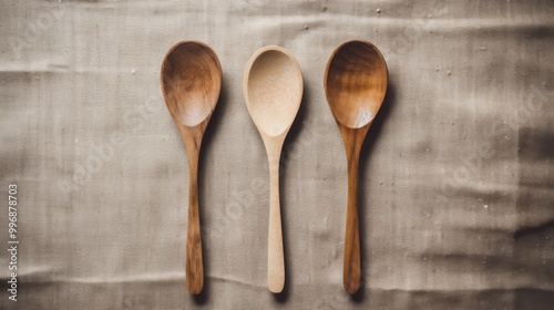 Three wooden spoons of different shades are neatly arranged on a rustic fabric background, emphasizing simplicity, craftsmanship, and natural beauty.