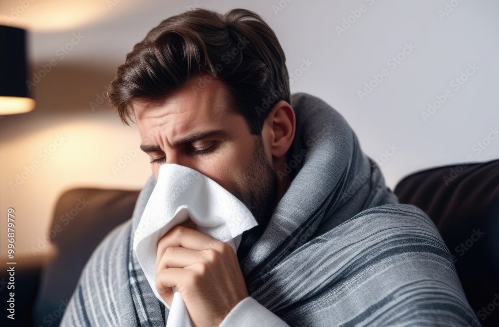 A sick man sits on the sofa at home with a blanket on his shoulders and blows his nose into a handkerchief. Cold.