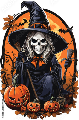 Broom with hat a gust skull halloween t-shirt