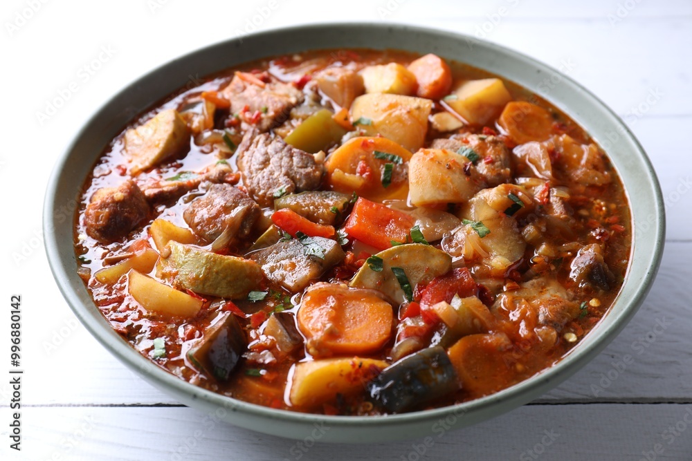 Delicious stew with vegetables in bowl on white wooden table, closeup Delicious stew with vegetables in bowl on white wooden table, closeup