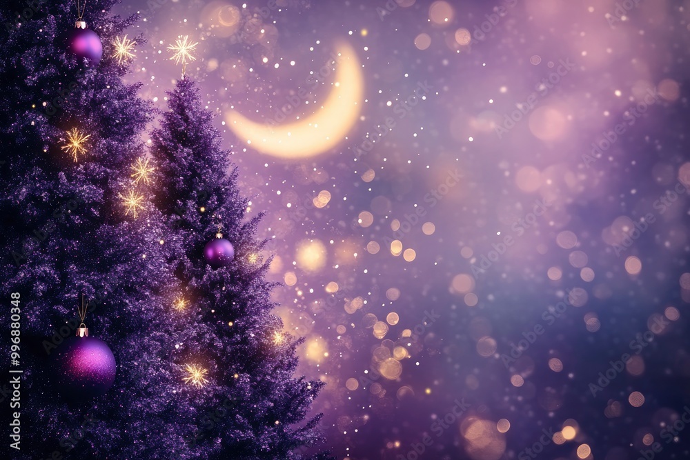 Elegant Christmas night scene with a Purple Basil color backdrop, stylized Christmas trees in deep violet Elegant Christmas night scene with a Purple Basil color backdrop, stylized Christmas trees in deep violet