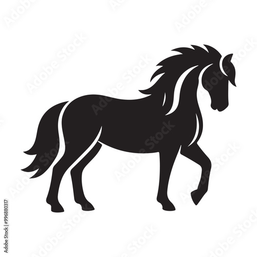 a black and white drawing of a horse with a mane of hair.