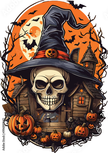 Skull with hat and gust house halloween T-shirt