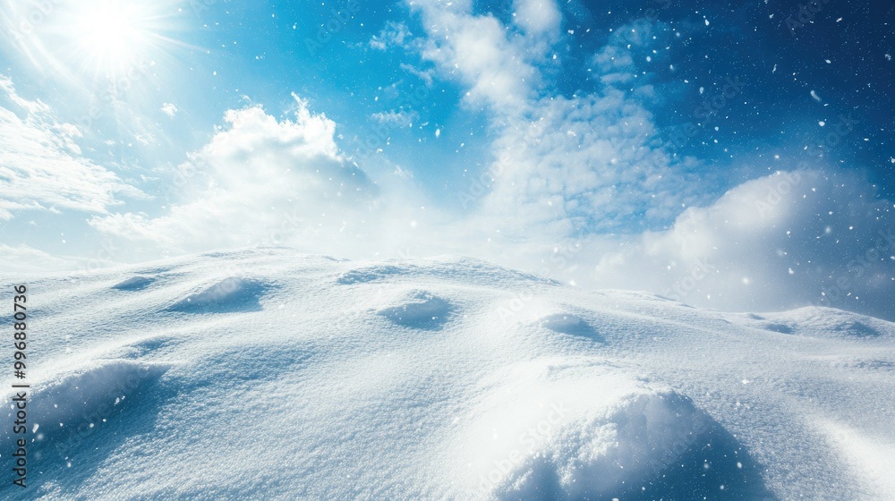 A snowy hill with wind-blown snow and a vast sky above for adding copy. A snowy hill with wind-blown snow and a vast sky above for adding copy.