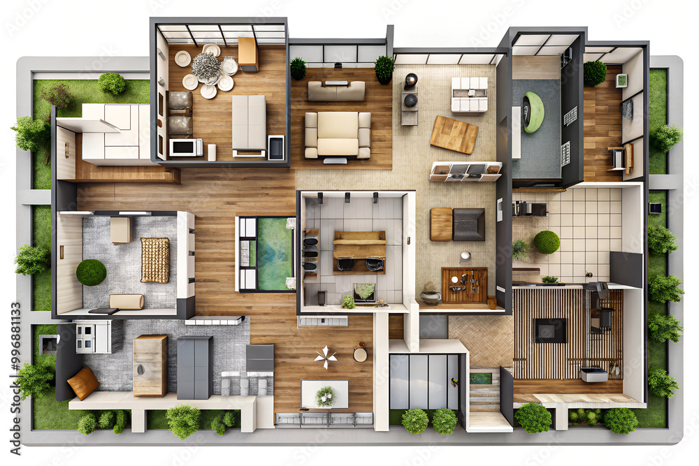 Detailed Top View Layout Plan of a Modern, Fully Furnished Home – Complete Architectural Floor Plan Design Detailed Top View Layout Plan of a Modern, Fully Furnished Home – Complete Architectural Floor Plan Design