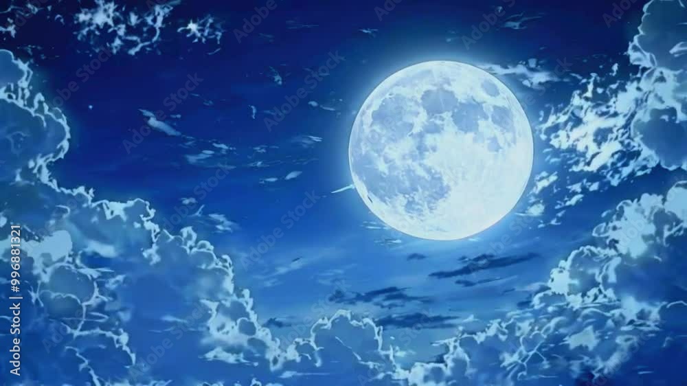 A pale, full moon shimmering, clouds reflect its glow. clouds is soft and slow, mystical but slightly unsettling feel, 4k 2D Flat Japanese Anime-style Halloween Background Animation Video