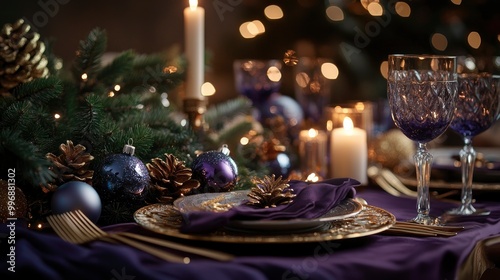 Festive Christmas table setting with Purple Basil color theme, rich violet tablecloth, gold cutlery