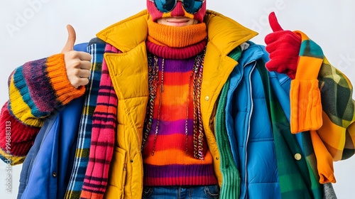 Person wearing multiple colorful layers of winter clothing, giving thumbs-up, bright outfit	 photo