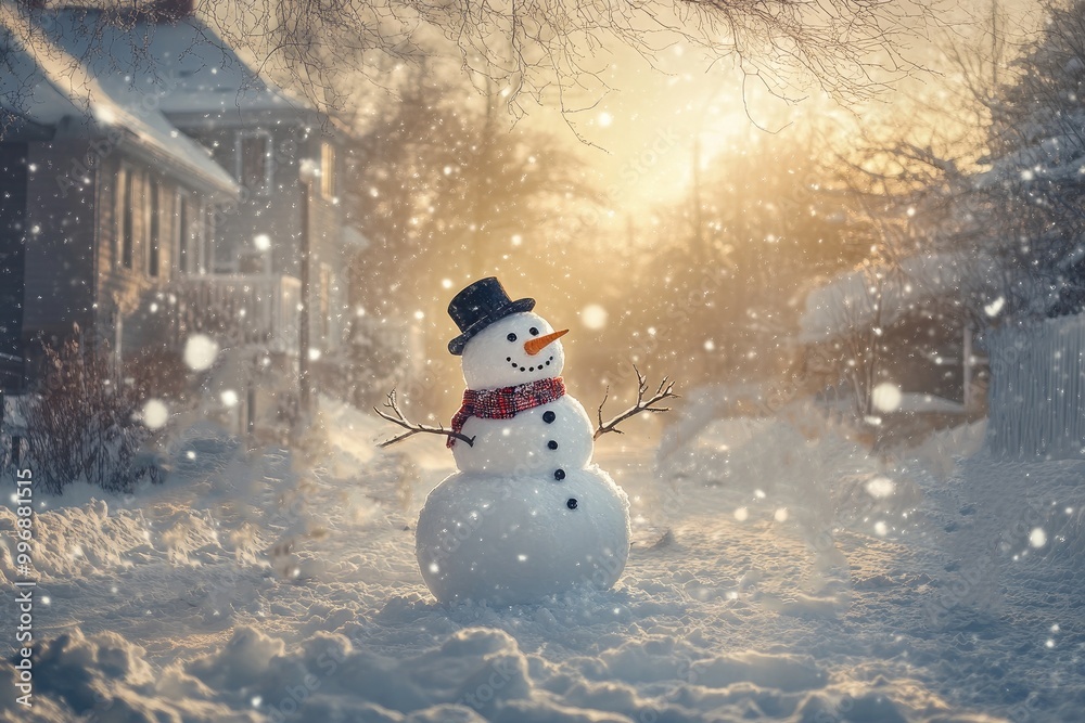 Fototapeta premium Snowman with a Top Hat and Scarf Standing in a Snowy Landscape