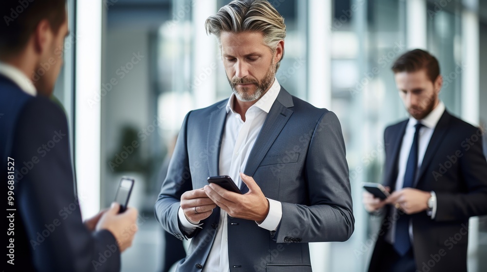A group of well-dressed businessmen engage with their smartphones in a modern office, reflecting a busy, professional work environment. A group of well-dressed businessmen engage with their smartphones in a modern office, reflecting a busy, professional work environment.