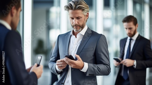 A group of well-dressed businessmen engage with their smartphones in a modern office, reflecting a busy, professional work environment.