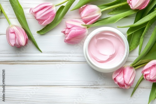 face cream and body lotion with tulip flowers on white wood table background - generative ai