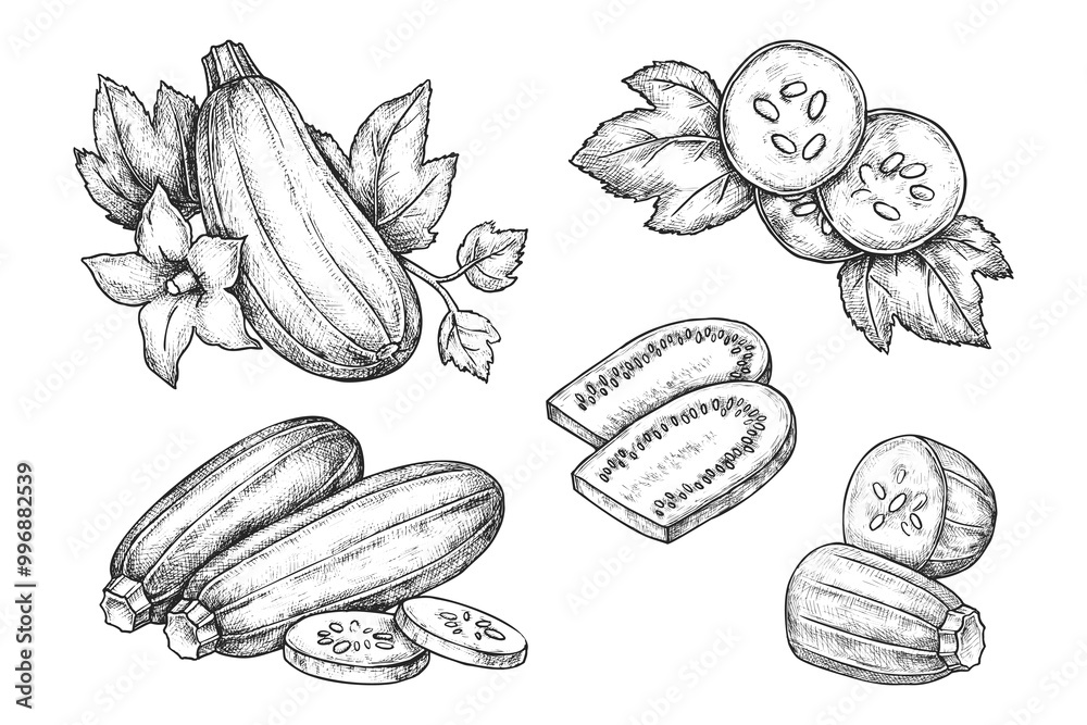 Set of zucchini vegetables. Vector sketch of sliced courgette. Hand drawn baby marrow veggie. Agriculture and agronomy drawing. Squash for vegetarian or vegan market. Organic nutrient. Farm plant Set of zucchini vegetables. Vector sketch of sliced courgette. Hand drawn baby marrow veggie. Agriculture and agronomy drawing. Squash for vegetarian or vegan market. Organic nutrient. Farm plant