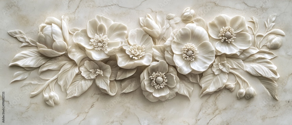 Floral relief carving showcasing flower and foliage on marble cream background Floral relief carving showcasing flower and foliage on marble cream background