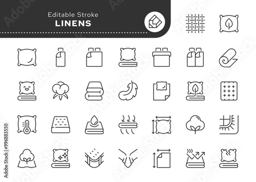 Linens line icon set. Pillowcase, duvet cover, sheet, single and double bed linen set, pillow, mattress, blanket and more. Outline icon in linear style. Vector collection.	