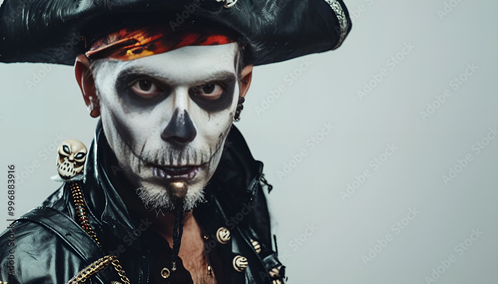 Man in scary pirate costume with skull makeup and decorative eyeball on light grey background. Halloween celebration Man in scary pirate costume with skull makeup and decorative eyeball on light grey background. Halloween celebration