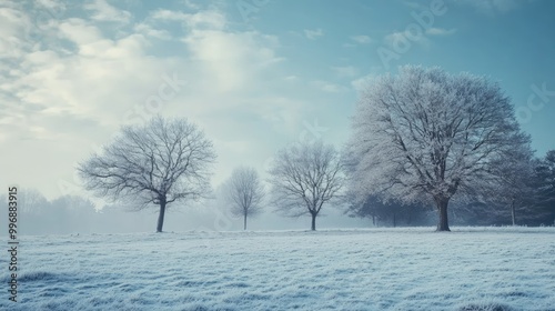 A winter scene with trees swaying in a strong cold wind, leaving ample sky space for copy. -