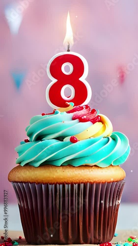 Birthday cupcake with lit birthday candle. Number eight for eight years or eighth anniversary.