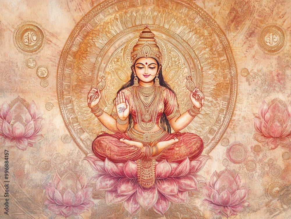 Obraz premium A highly detailed Lakshmi mural with mandala patterns surrounding her, in shades of gold and pink, with intricate lotus designs and flowing coins, ideal for a spiritual or meditation space