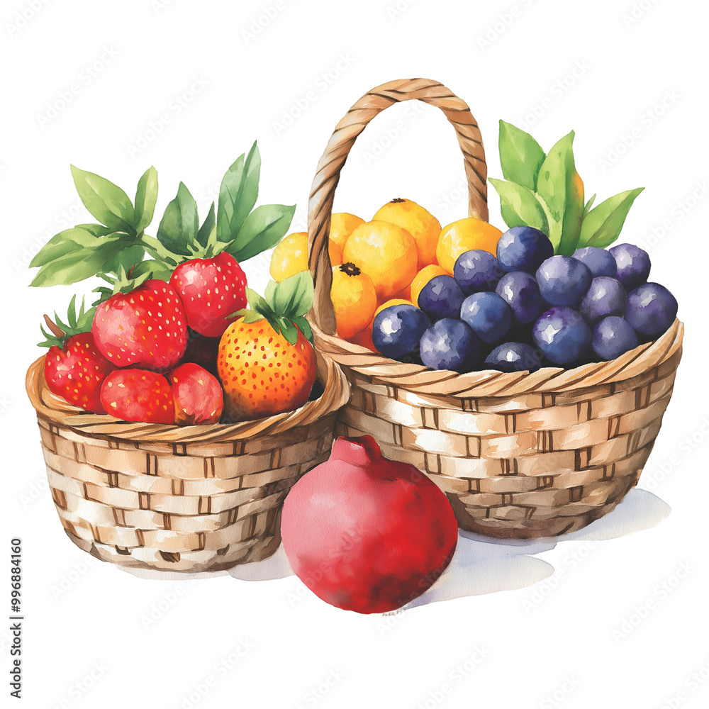 Baskets Full of Fresh Fruits, Digital Watercolor Illustration of Apples, Pears, and Berries in Watercolor Style, Cutout, Isolated on Transparent PNG/White Background. Baskets Full of Fresh Fruits, Digital Watercolor Illustration of Apples, Pears, and Berries in Watercolor Style, Cutout, Isolated on Transparent PNG/White Background.