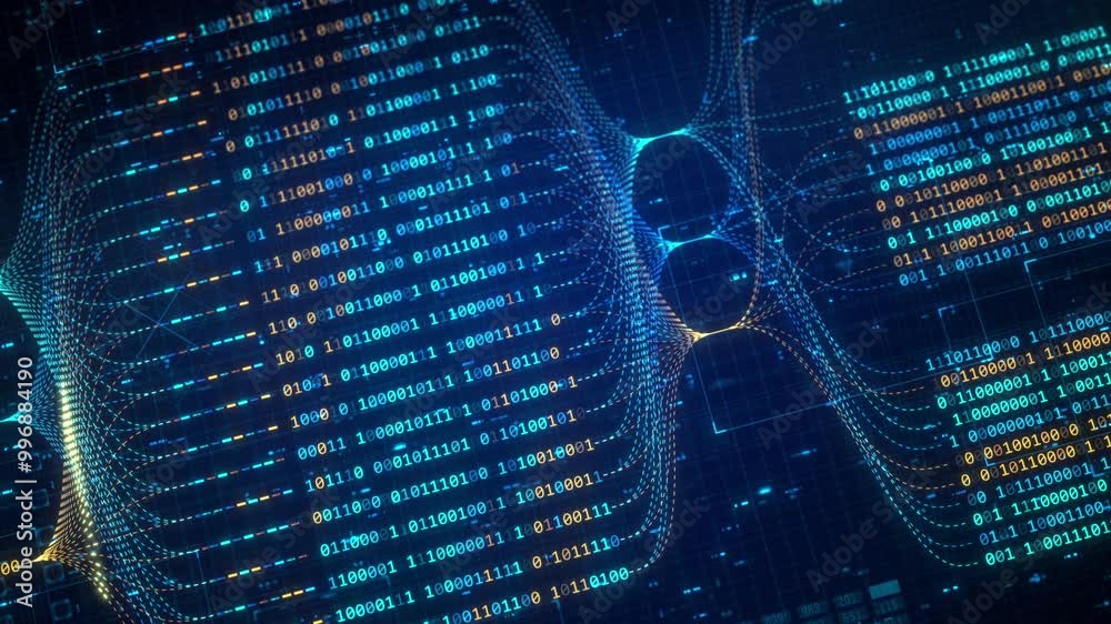 Big data technology and data science abstract background. Data scientist querying. Analysing and visualizing artificial intelligence on virtual screen. AI Data flow concept. Finance neural network ML.