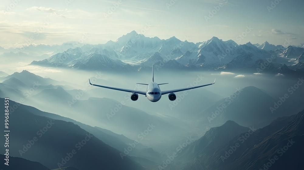 Naklejka premium An airplane flying over mountains with a vast, open sky for adding text.