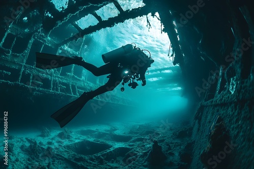 Diver diving inside of the shipwreck