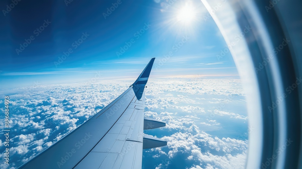 An airplane window view with a wing and sky, leaving space for text. An airplane window view with a wing and sky, leaving space for text.