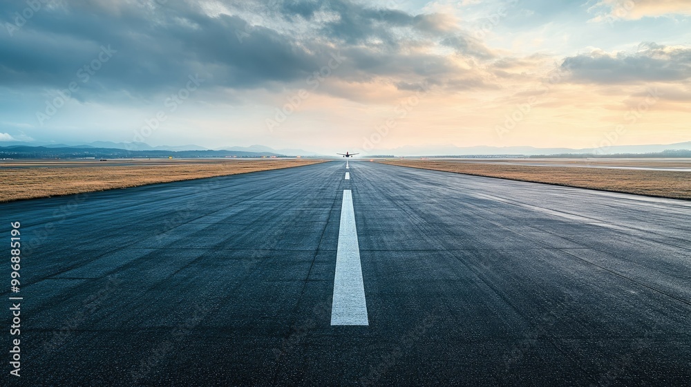 Fototapeta premium An empty airport runway with an airplane in the distance and ample space for text.