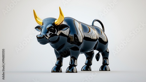 A black bull statue, fierce and proud, wears golden horns in a striking render.