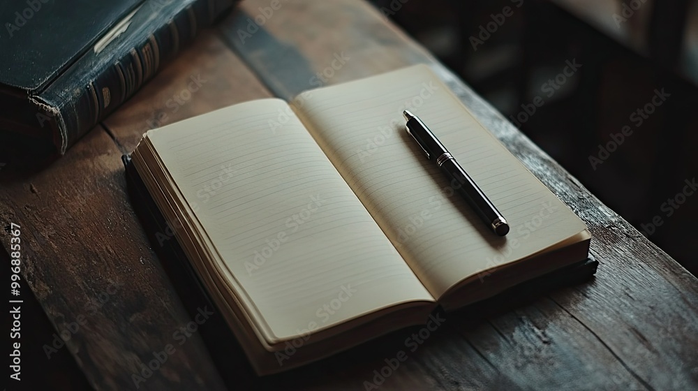 An empty notebook with a pen placed on it, offering room for text or ideas.