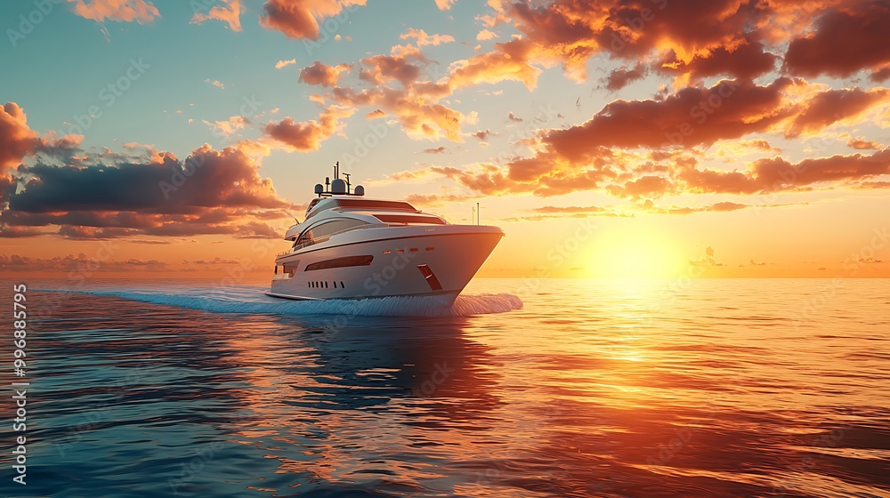 A luxury yacht cuts through golden waters as the sun sets on the horizon, painting the sky in soft light.