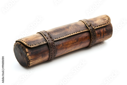 a brown cylindrical object with a leather strap

