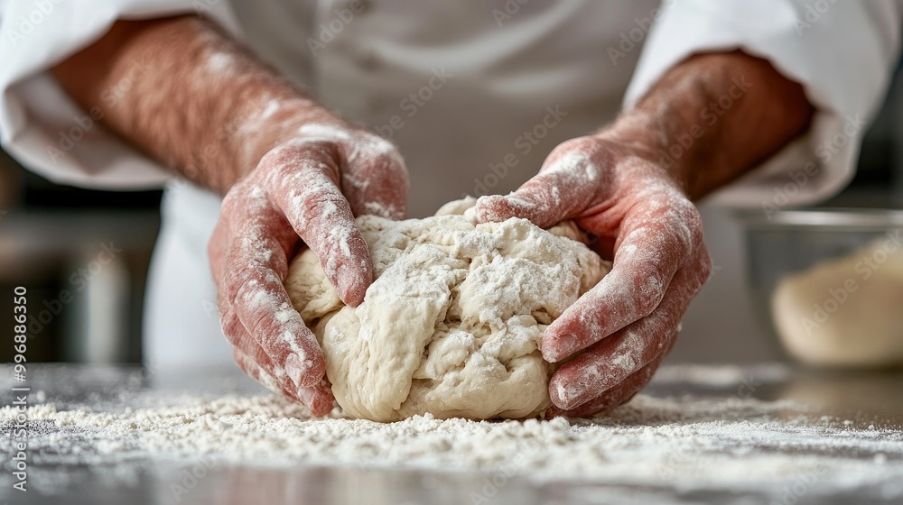 Close-up of a chef hands kneading dough on a floured surface, with space for text. Close-up of a chef hands kneading dough on a floured surface, with space for text.
