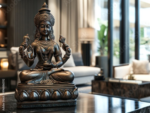 A detailed Lakshmi statue made from bronze, placed in a modern living room, with soft lighting illuminating her figure, bringing a sense of prosperity and spiritual harmony to the space