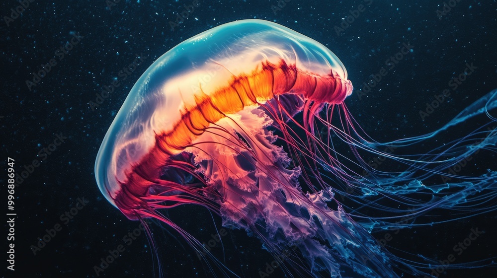 Fototapeta premium Close-up of a jellyfish tentacles, with the ocean dark background providing room for text.