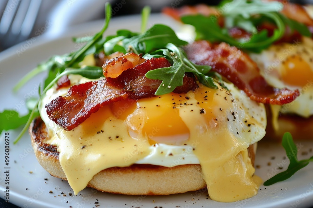 Elegant Eggs Benedict with crispy bacon, poached eggs, and hollandaise on an English muffin, garnished with fresh arugula. Perfect for a gourmet breakfast or brunch - generative ai Elegant Eggs Benedict with crispy bacon, poached eggs, and hollandaise on an English muffin, garnished with fresh arugula. Perfect for a gourmet breakfast or brunch - generative ai