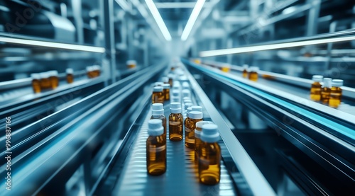 a row of bottles of medicine on a conveyor belt. High-Tech Medicine Bottling Process A Modern Production Line Showcasing Efficiency and Bright Lighting in an Industrial Factory Setting photo