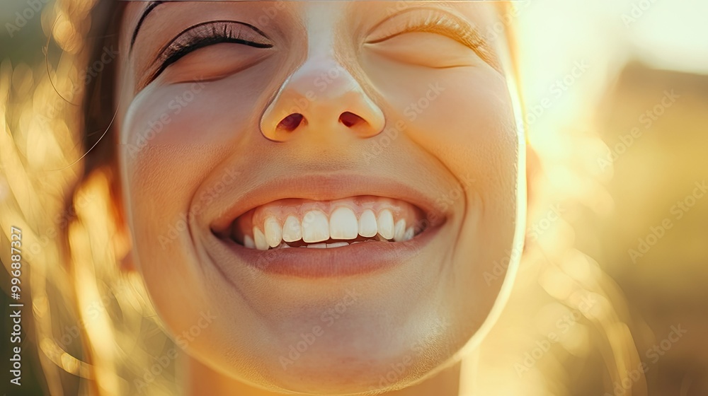 Close-up of a person face with a big smile and a soft-focus background for text. Close-up of a person face with a big smile and a soft-focus background for text.