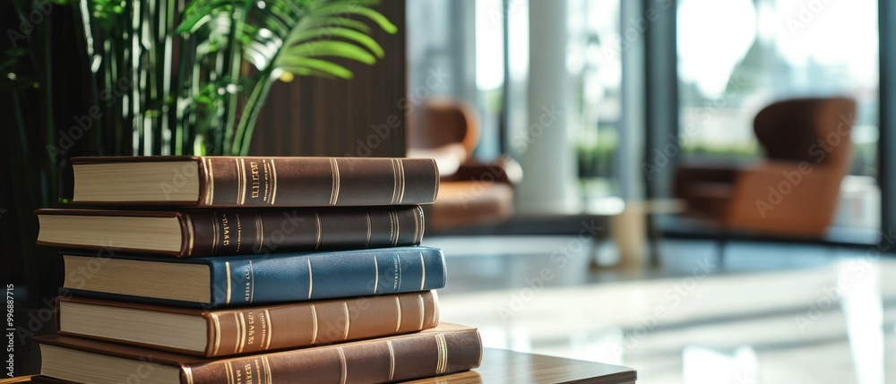 Obraz premium Stack of Books in a Modern Lobby